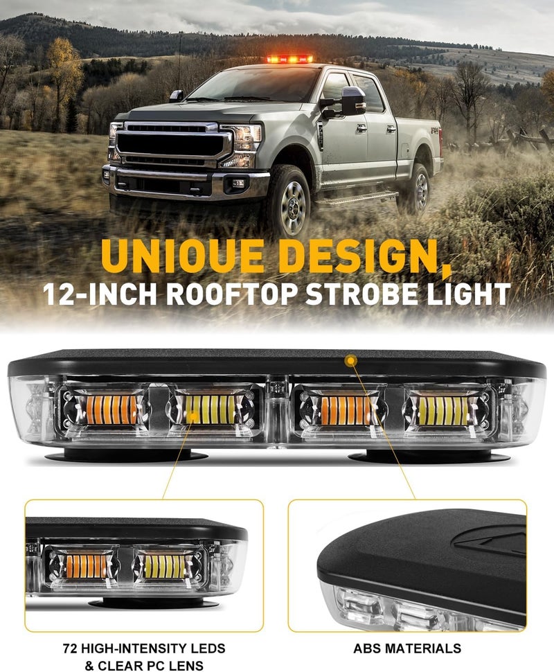 HLauto 700A Rooftop Emergency Strobe Lights Bar, 72 LED Amber Red Mini Beacon Safety Flashing Warning Traffic Lights Bar w/Magnetic Base for 12-24V Trucks, Construction Vehicles, Snowplow, Cars - Image 3